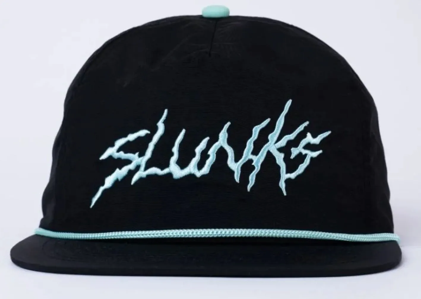 Black Slunks snapback with teal rope and lightning script lettering